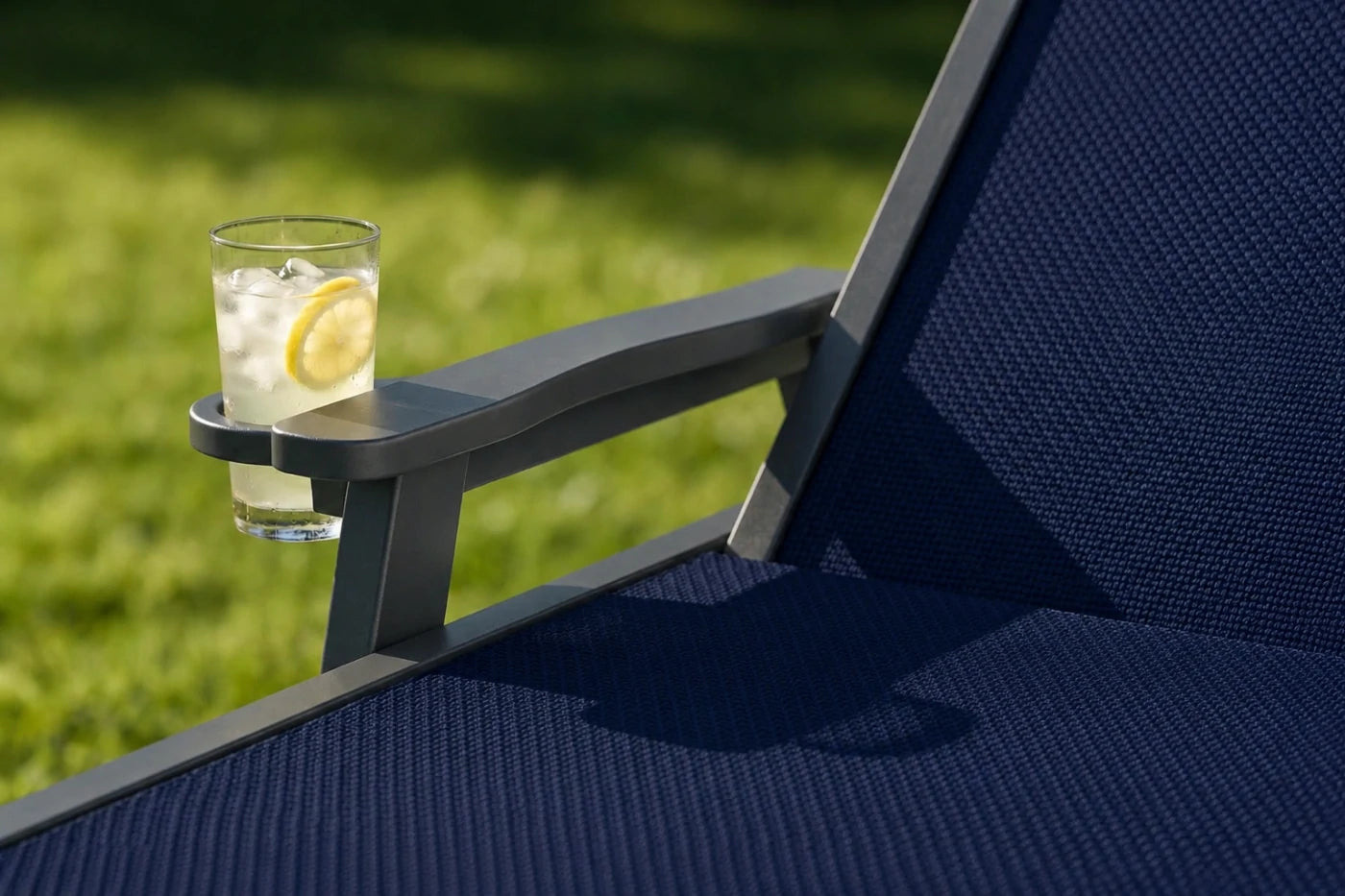 Navy blue HDPE Outdoor Chaise Lounge with Textilene Fabric keeps drinks close