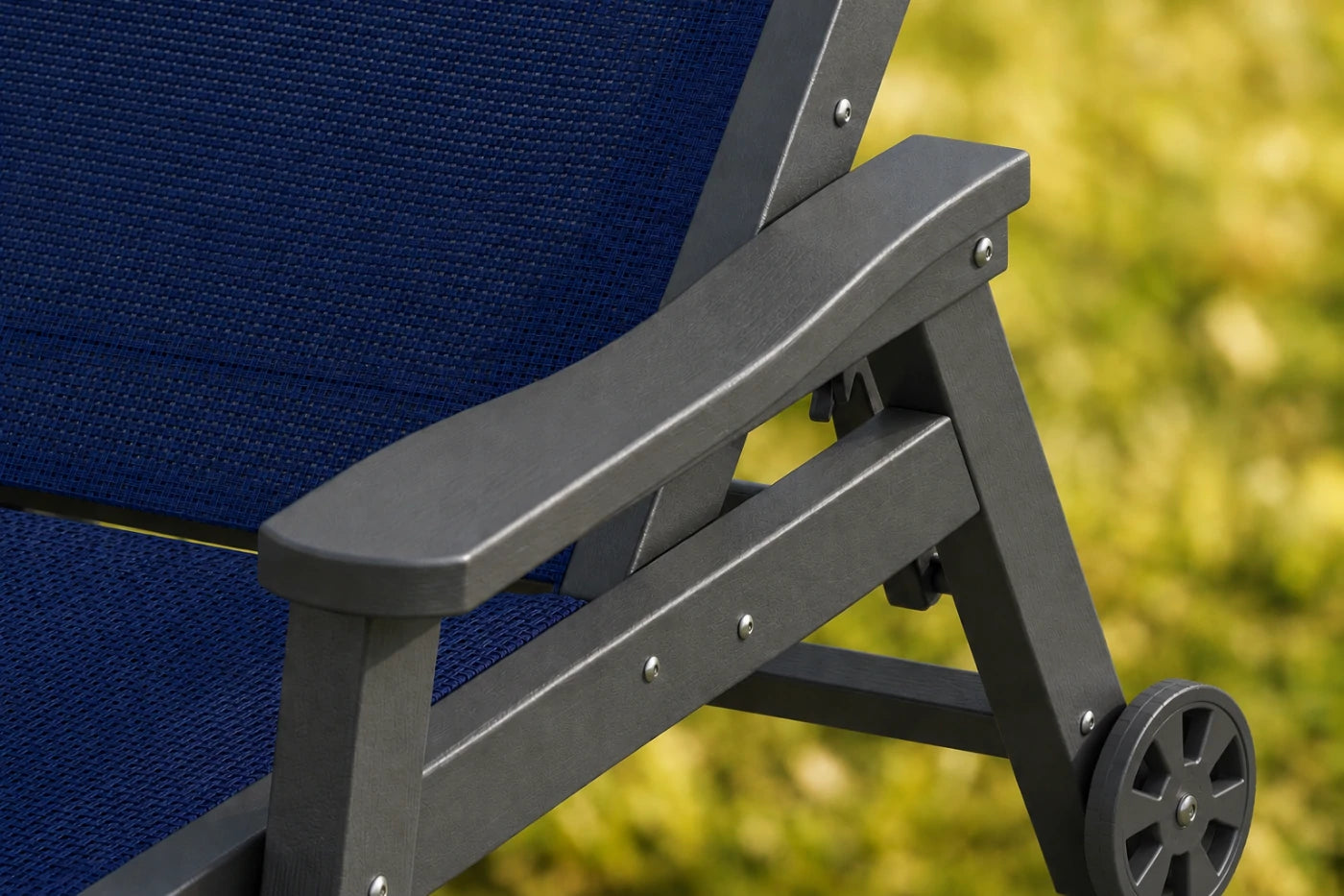 Navy blue HDPE Outdoor Chaise Lounge with Textilene Fabric, featuring exquisite workmanship.
