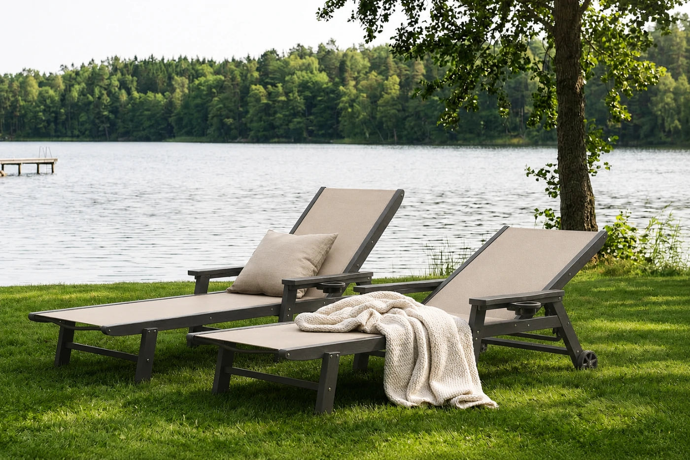 Sand khaki HDPE Outdoor Chaise Lounge with Textilene Fabric by the lake
