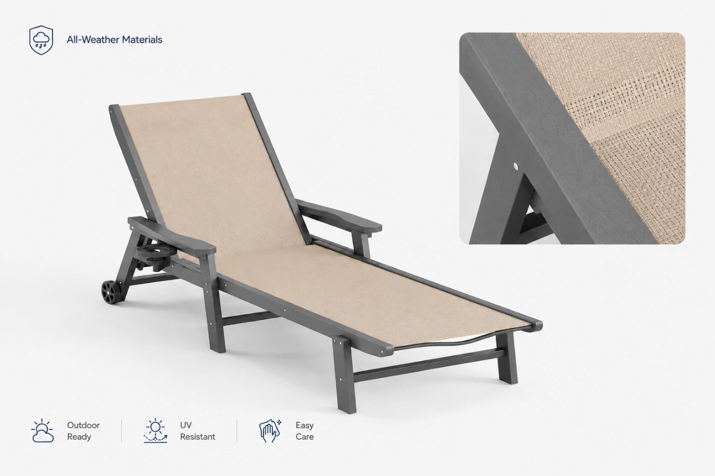 Sand khaki HDPE Outdoor Chaise Lounge with all-weather materials, UV resistant
