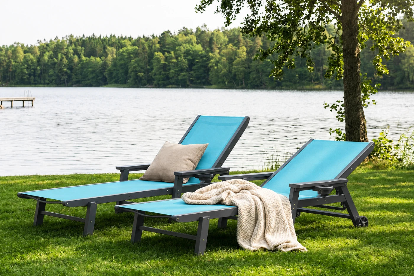 Sky blue HDPE Outdoor Chaise Lounge with Textilene Fabric by the lake