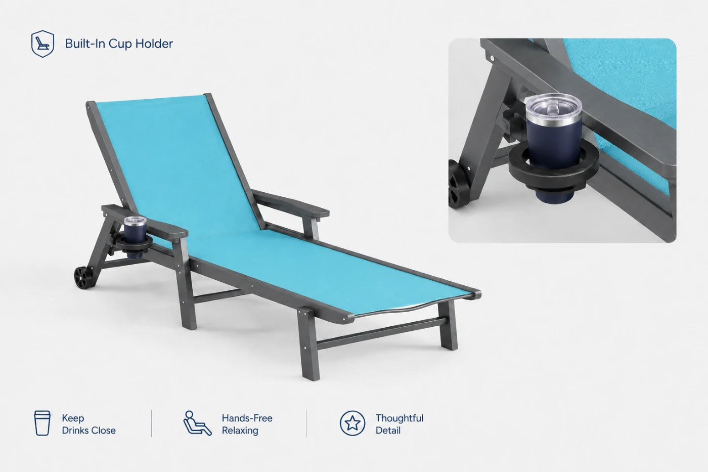 Sky blue HDPE Outdoor Chaise Lounge can keep drinks close and hands-free relaxing.