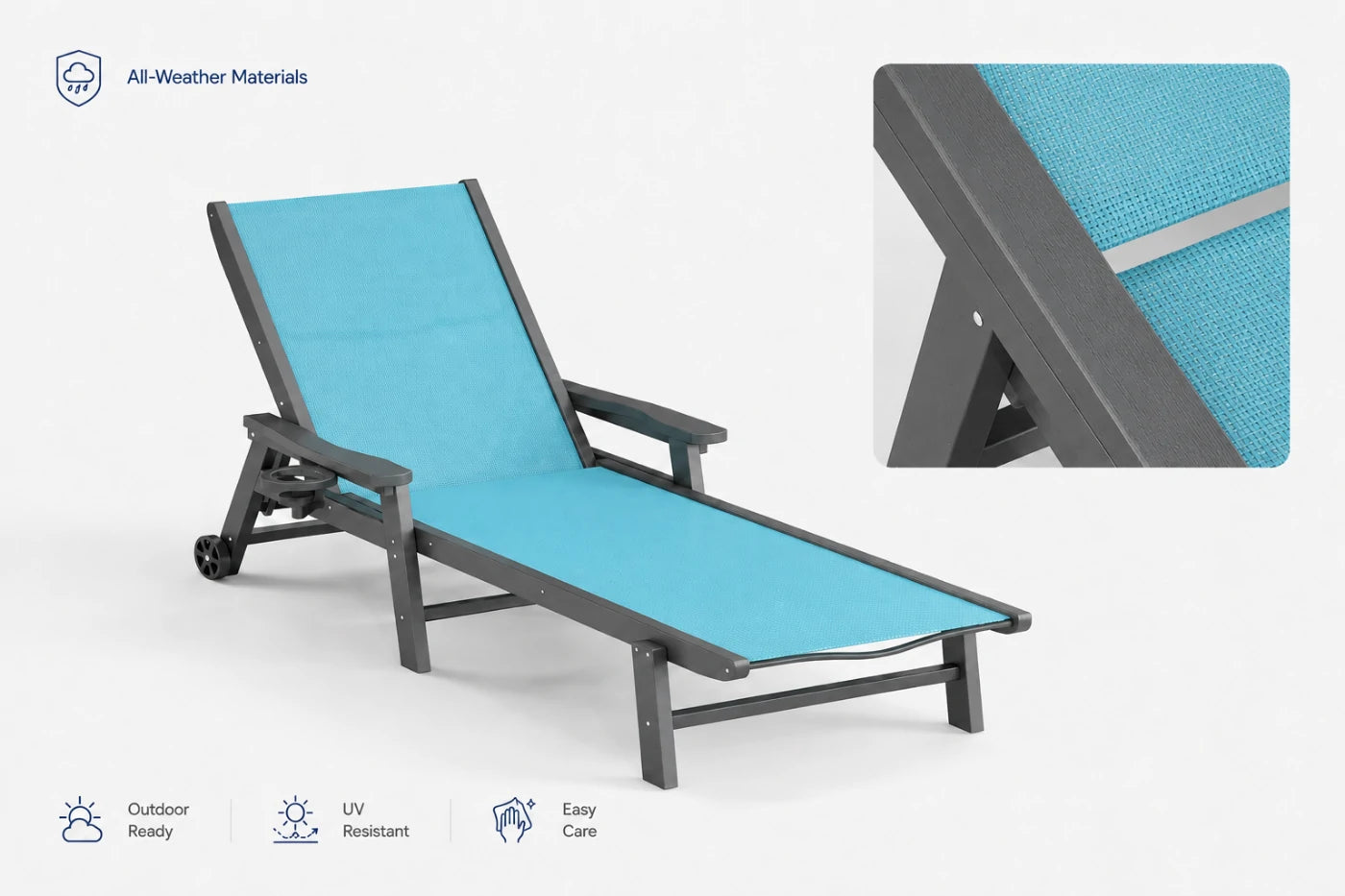 Sky blue HDPE Outdoor Chaise Lounge with all-weather materials, UV resistant