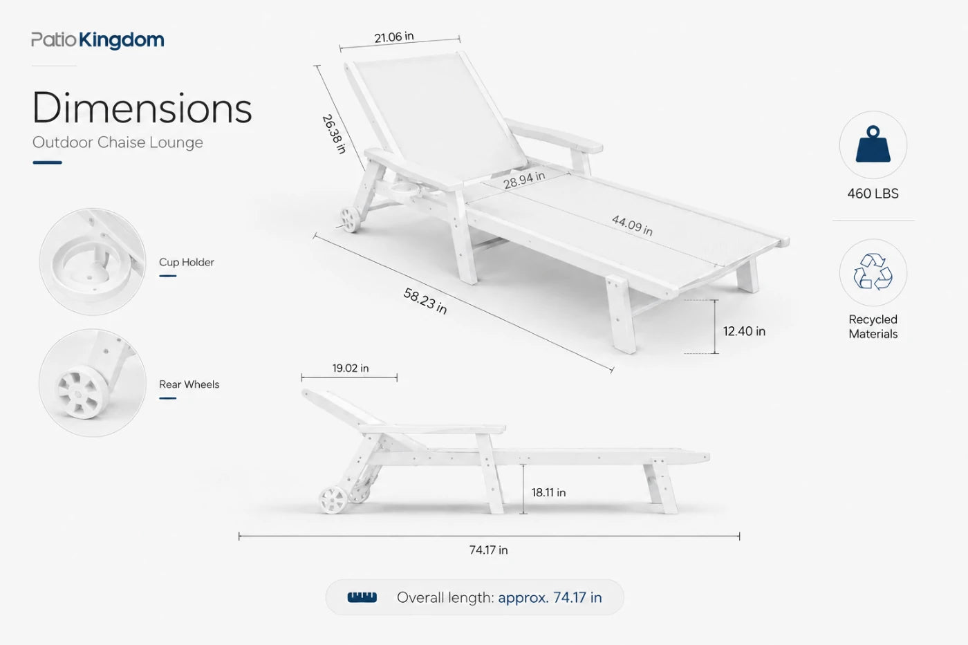 White HDPE Outdoor Chaise Lounge with Textilene Fabric 74.17-icnch overall length