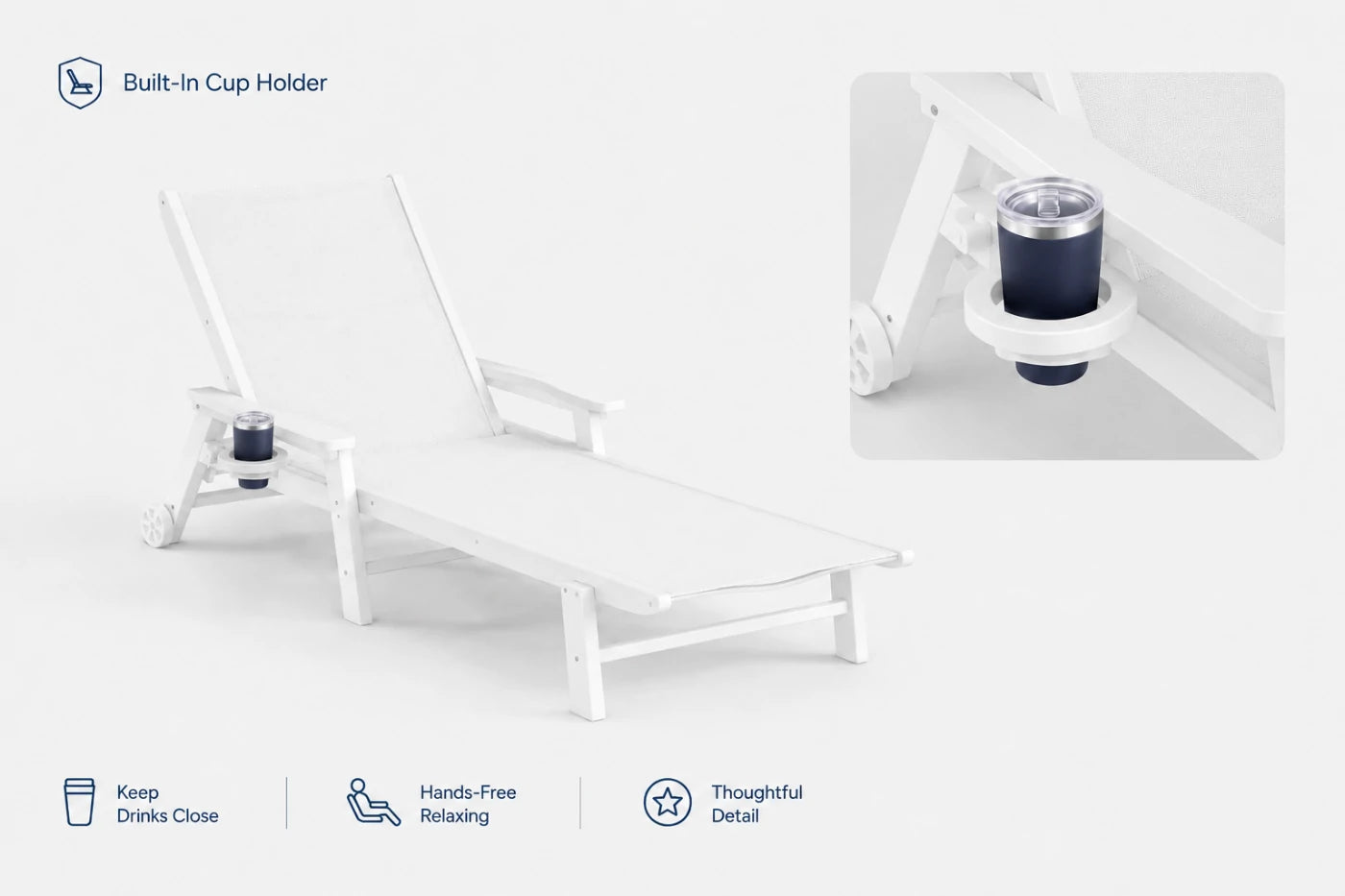 White HDPE Outdoor Chaise Lounge can keep drinks close and hands-free relaxing.