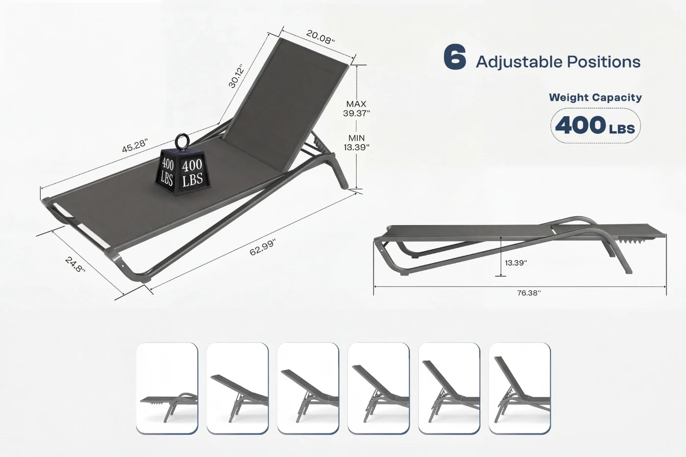 Chaise lounge with adjustable positions and weight capacity details on a white background