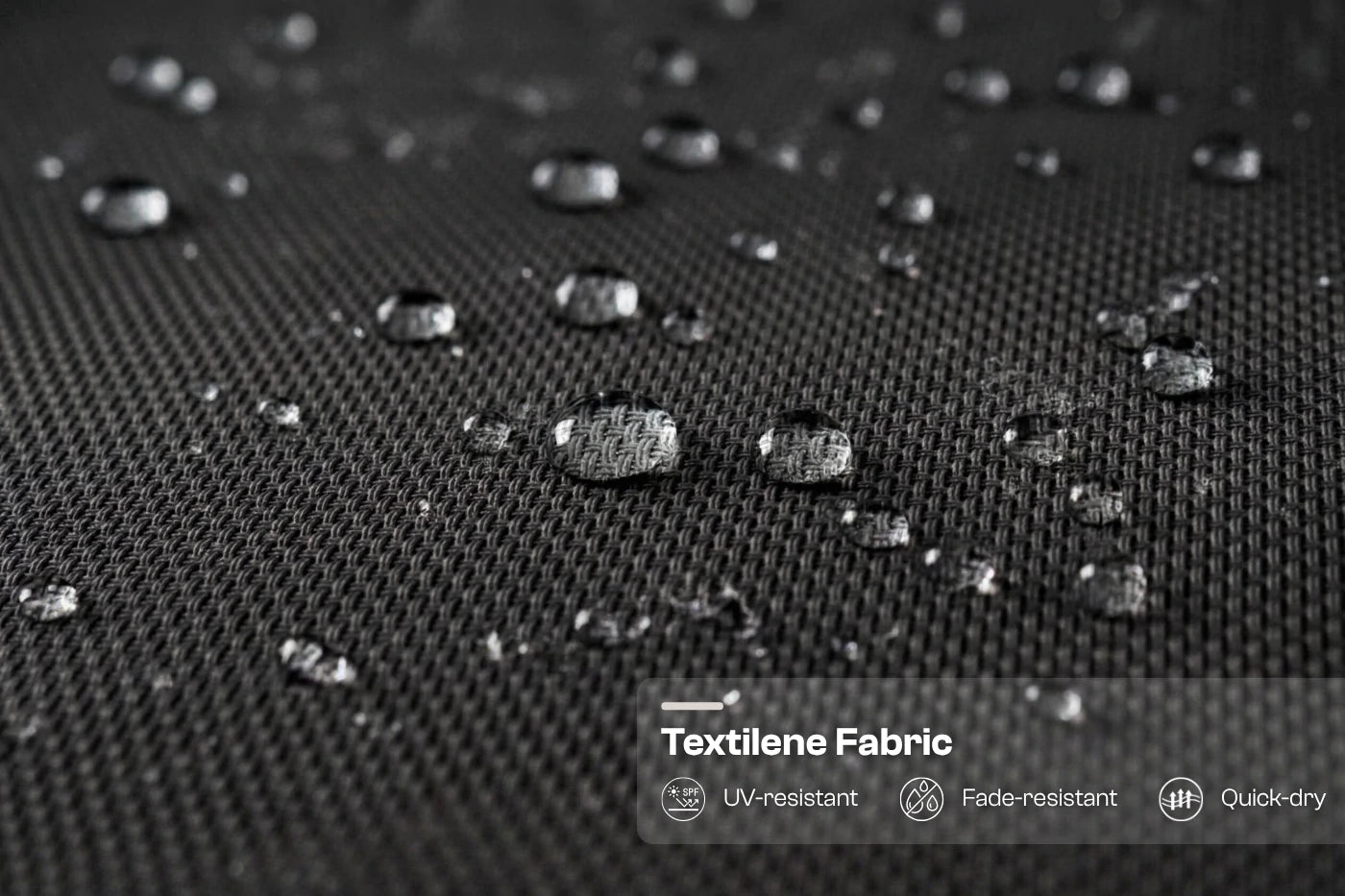Textile fabric with water droplets and text indicating properties like UV-resistant, fade-resistant, and quick-dry.