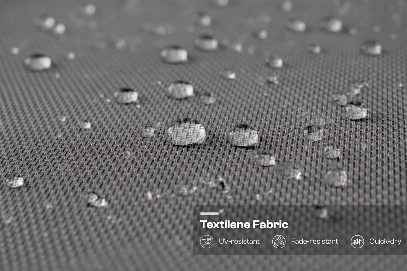 Textilene fabric with water droplets and durability features displayed.