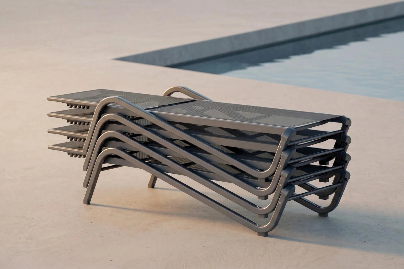 Stack of modern lounge chairs by a poolside