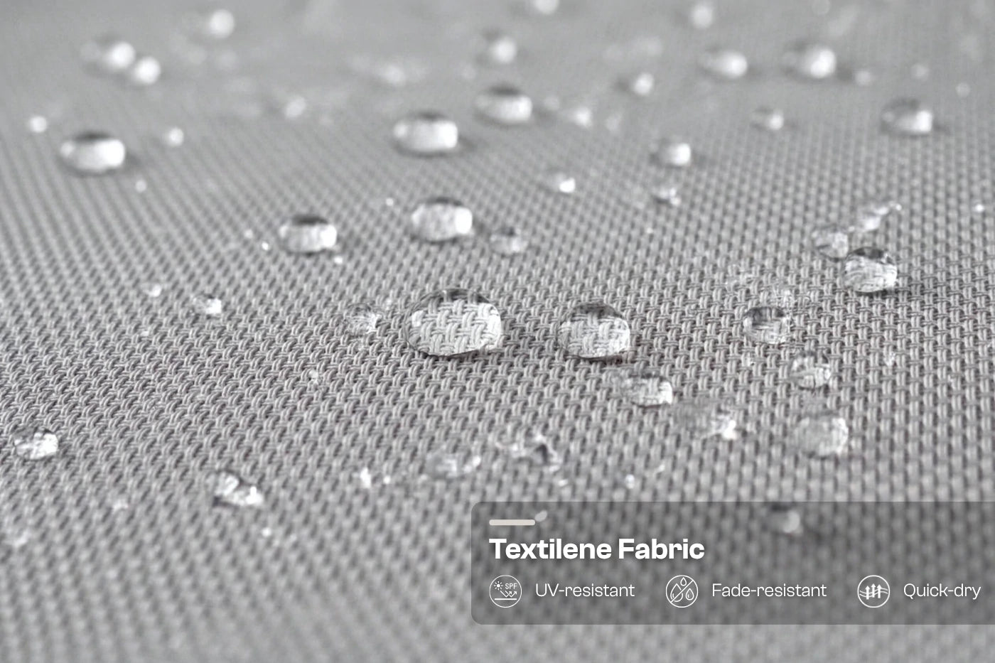 Textilene fabric with water droplets and product features displayed.