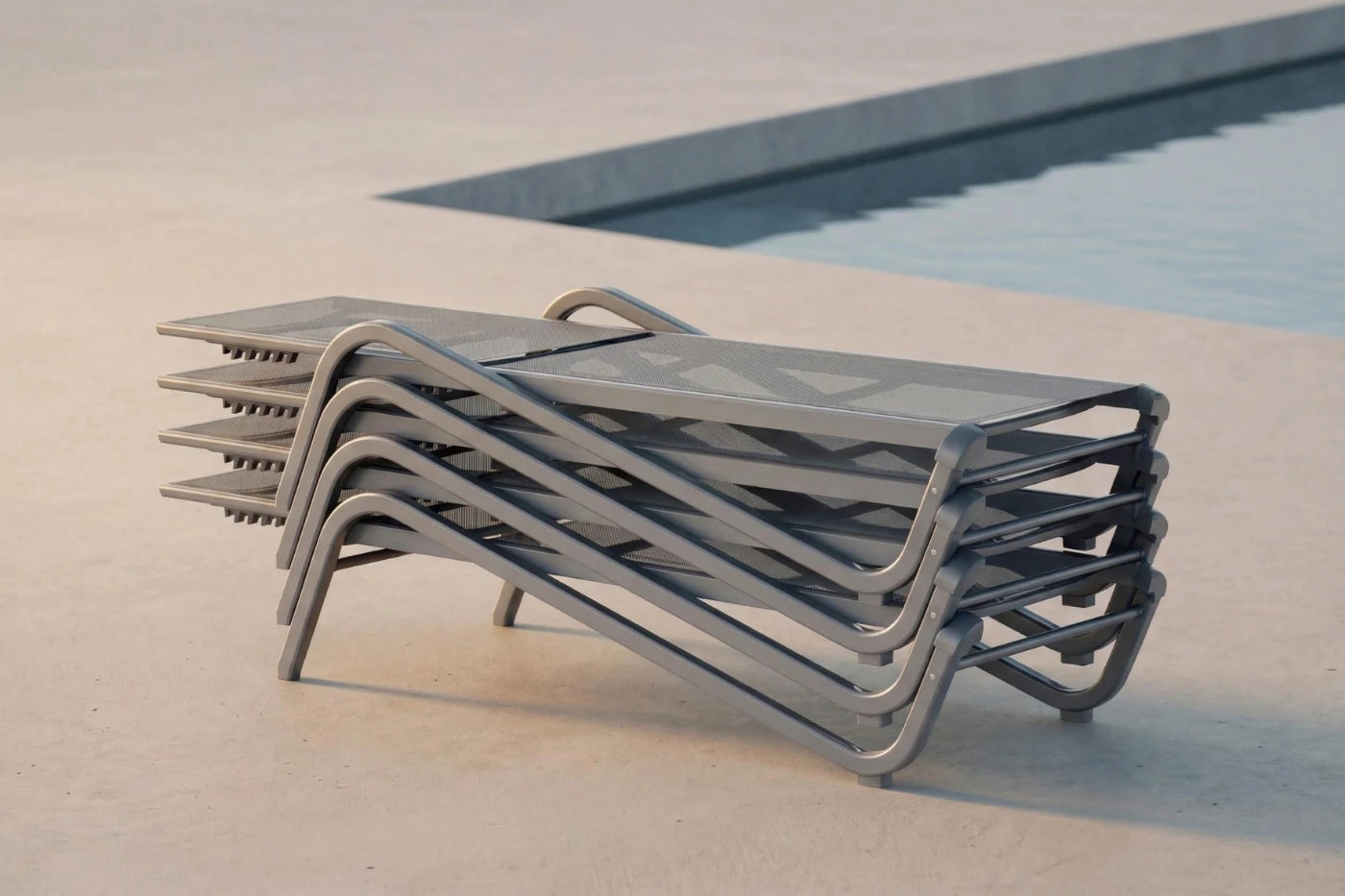 Stack of modern lounge chairs by a pool