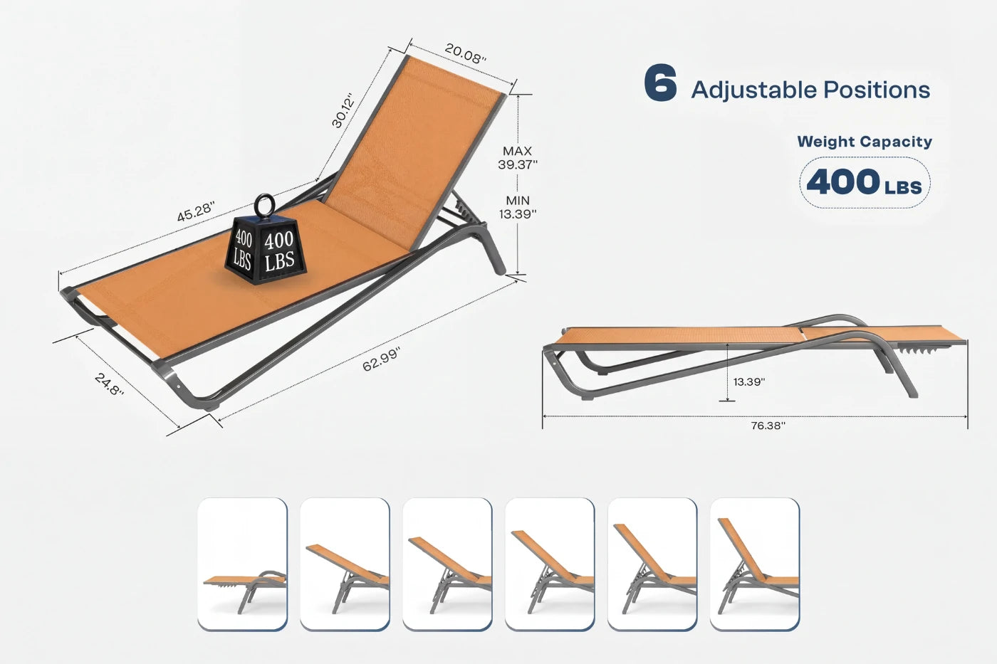 Chaise lounge with adjustable positions and weight capacity details on a white background