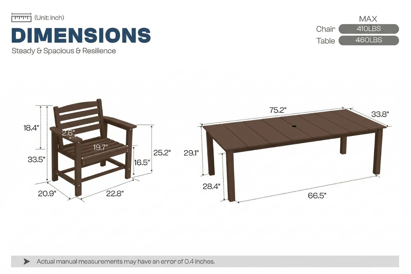 Dimensions of a wooden chair and table on a white background