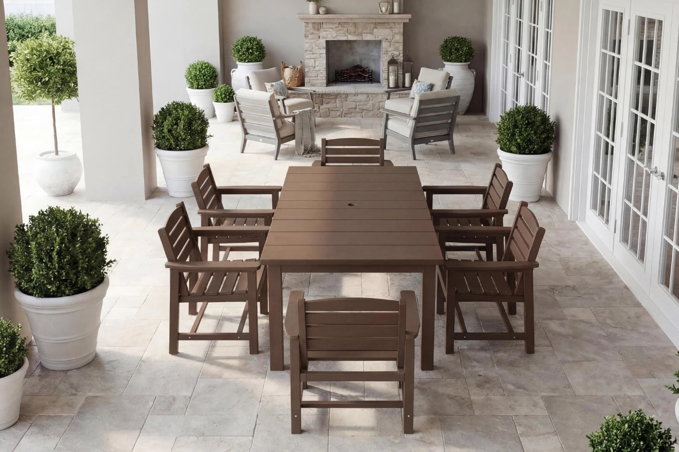 Outdoor patio set with HDPE furniture on a tiled floor.