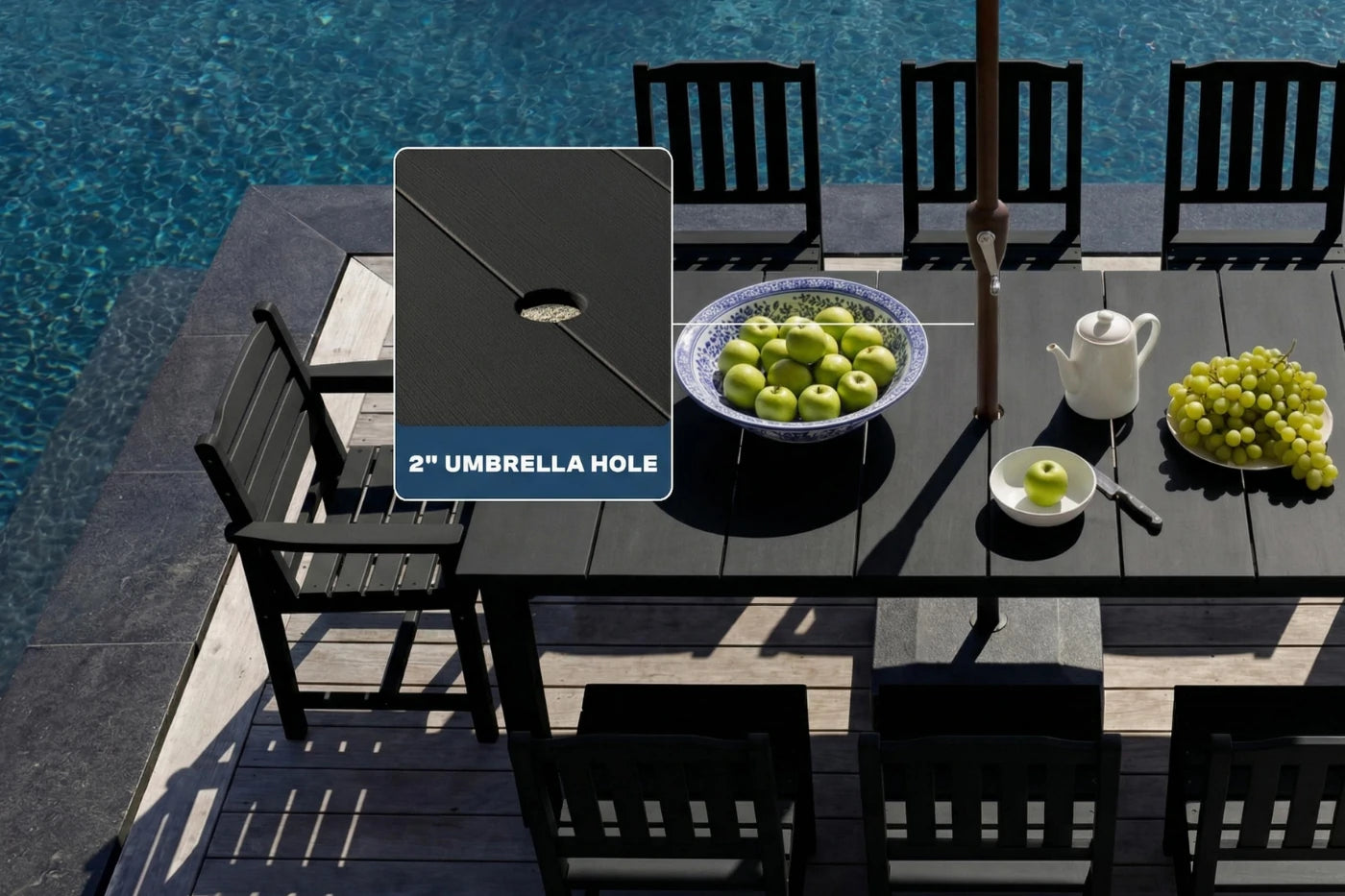 Outdoor dining table set with chairs by a pool, featuring an umbrella hole cover.