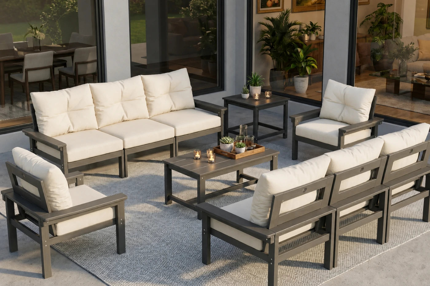Outdoor patio furniture set with beige cushions on a patio area.