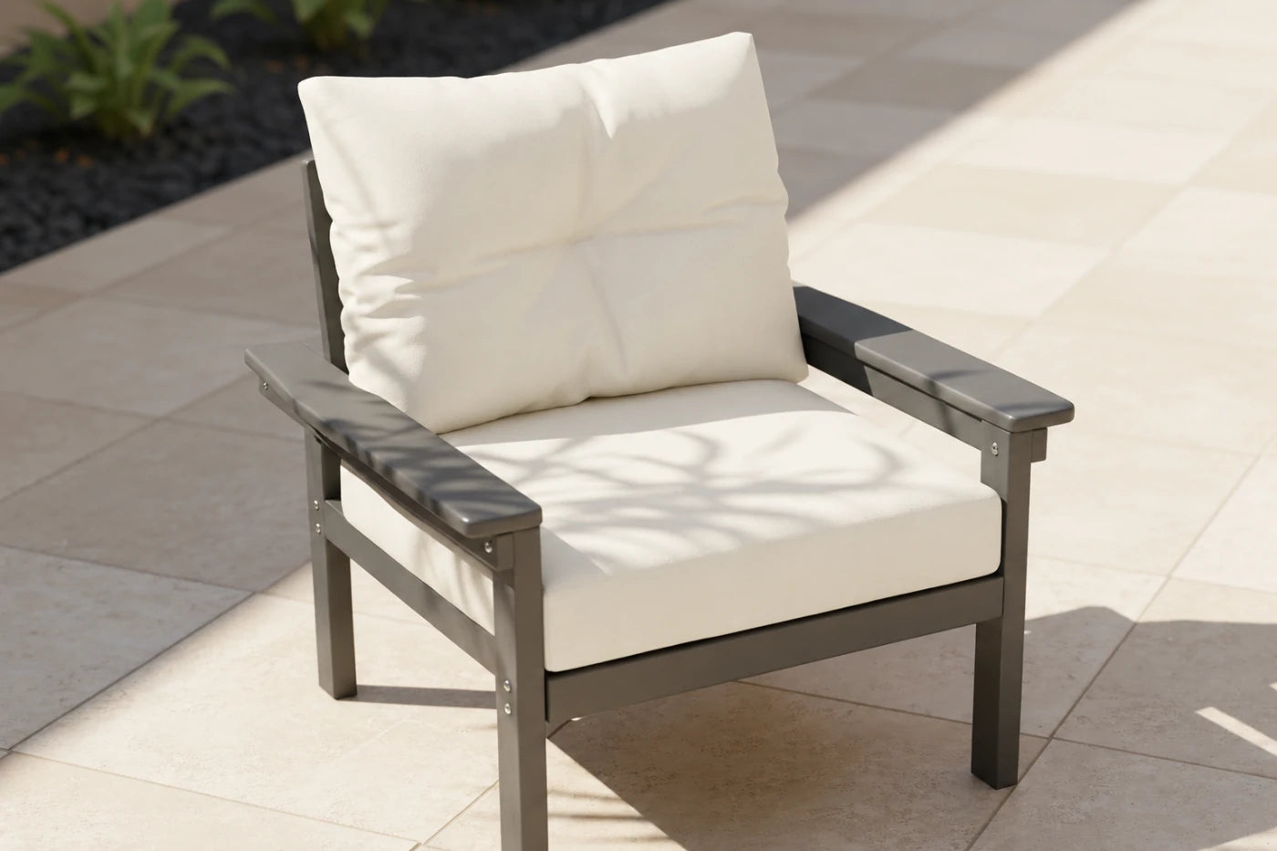Chair with white cushion on a patio