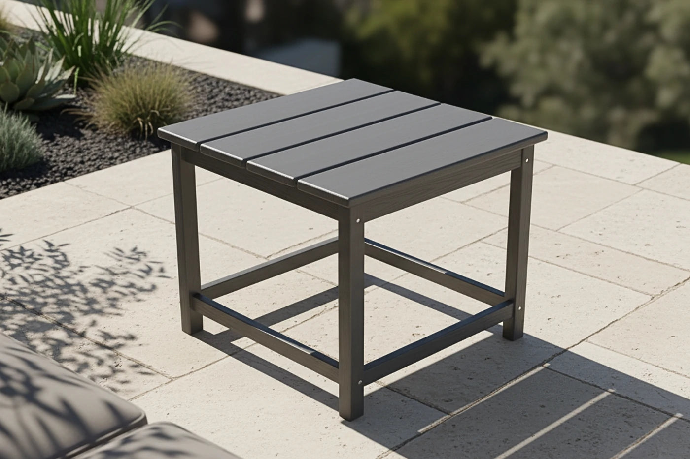 Gray outdoor table on a patio with plants in the background
