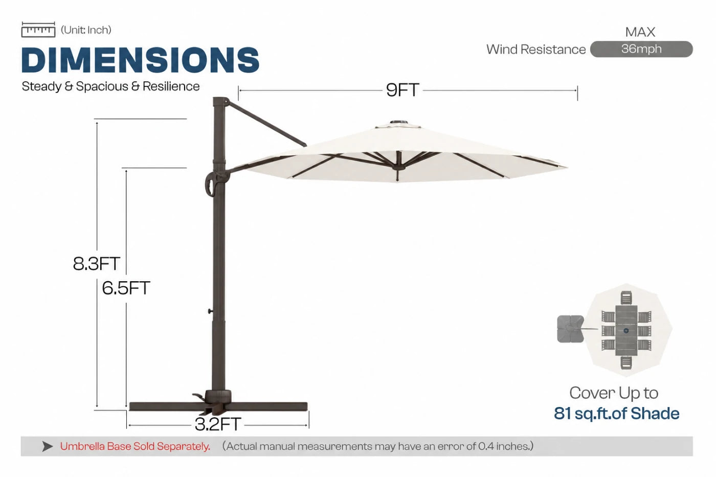 A dimension diagram of a cantilever patio umbrella with a white canopy and dark metal frame, showing measurements of 9FT width.