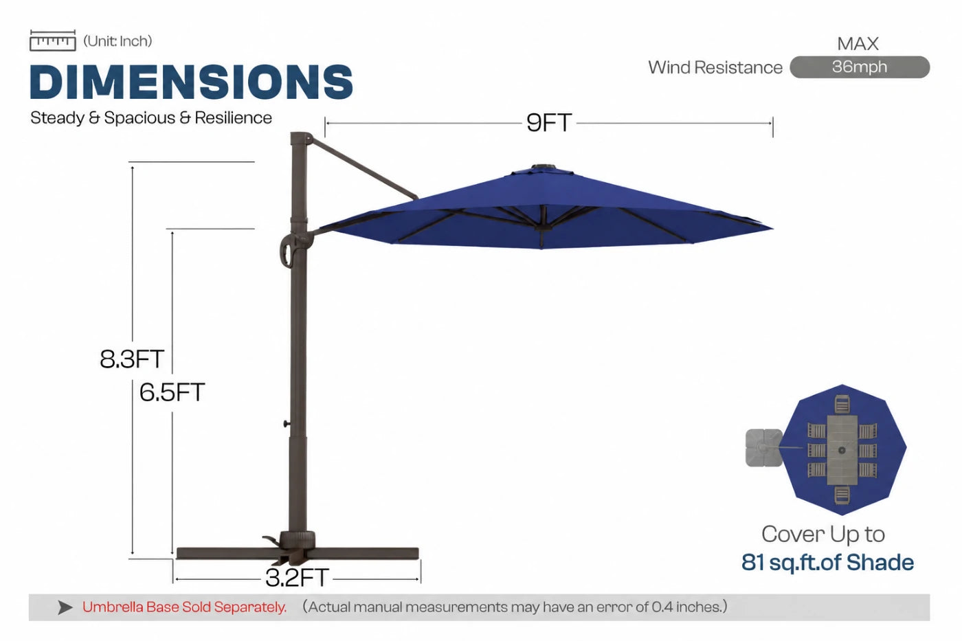 A dimension diagram of a patio umbrella with a navy blue canopy and dark metal frame, showing measurements for height, width, and base size on a white background.