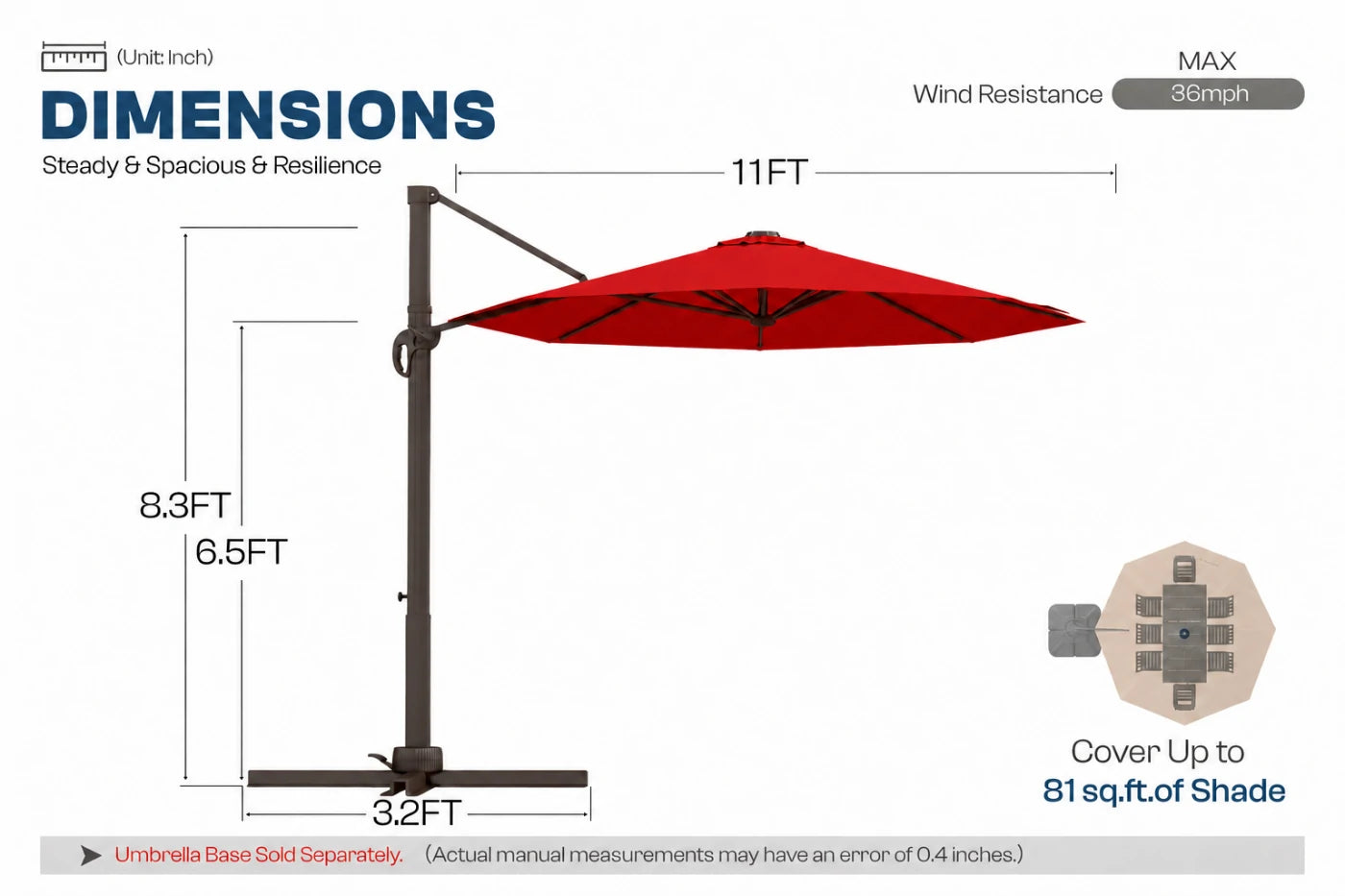 A dimension diagram of a patio umbrella with a red canopy and metal frame, showing measurements of 11 feet wide canopy, 8.3 feet height.