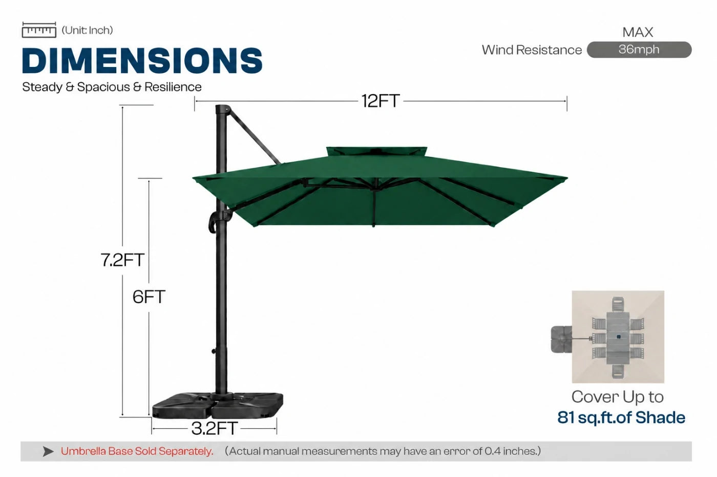 A dimension diagram of a dark green cantilever patio umbrella with a black base and pole, showing measurements of 12ft width and 7.2ft height.
