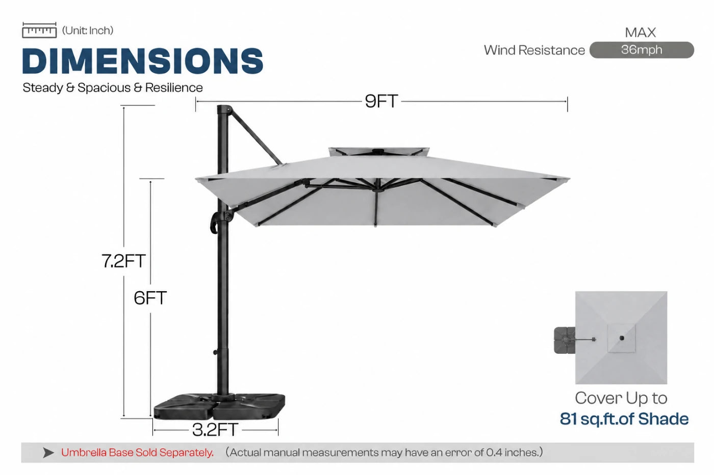 A dimension diagram of a cantilever patio umbrella on a white background, showing measurements of 9FT width, 7.2FT and 6FT height.