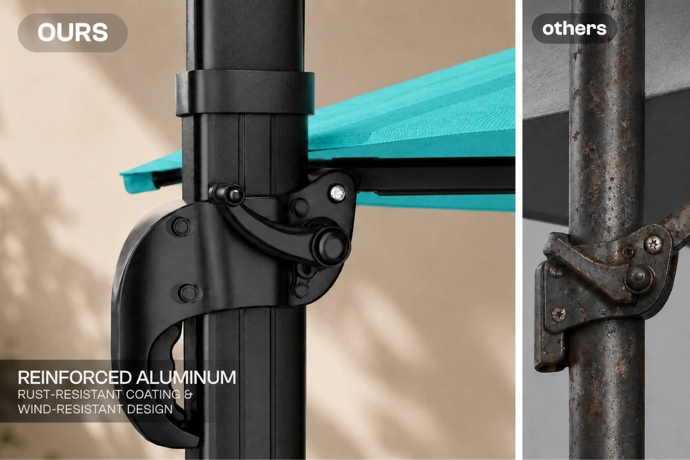 Close-up comparison of an outdoor umbrella pole clamp labeled 'OURS' with a black reinforced aluminum design, versus a rusted metal clamp labeled 'others'. Text highlights rust-resistant coating and wind-resistant design.