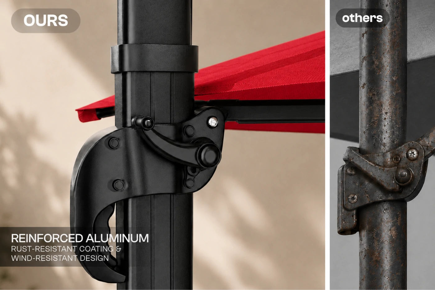 Close-up comparison of an umbrella pole joint labeled 'OURS' with a black reinforced aluminum clasp and red canopy edge, versus a rusted metal joint labeled 'others'. Text highlights rust-resistant coating and wind-resistant design.