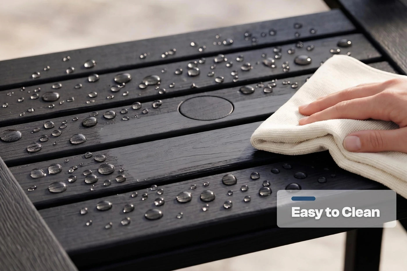 Person cleaning a dark hdpe surface with water droplets using a white cloth, labeled 'Easy to Clean'.