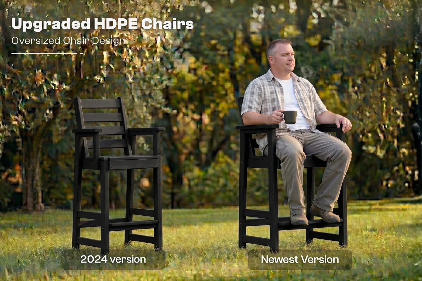 Man sitting on an oversized HDPE chair in a garden setting with text indicating it's the newest version.
