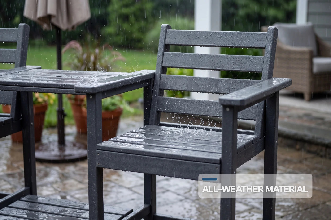 Outdoor furniture set with chairs and table in the rain, labeled 'All-Weather Material'.