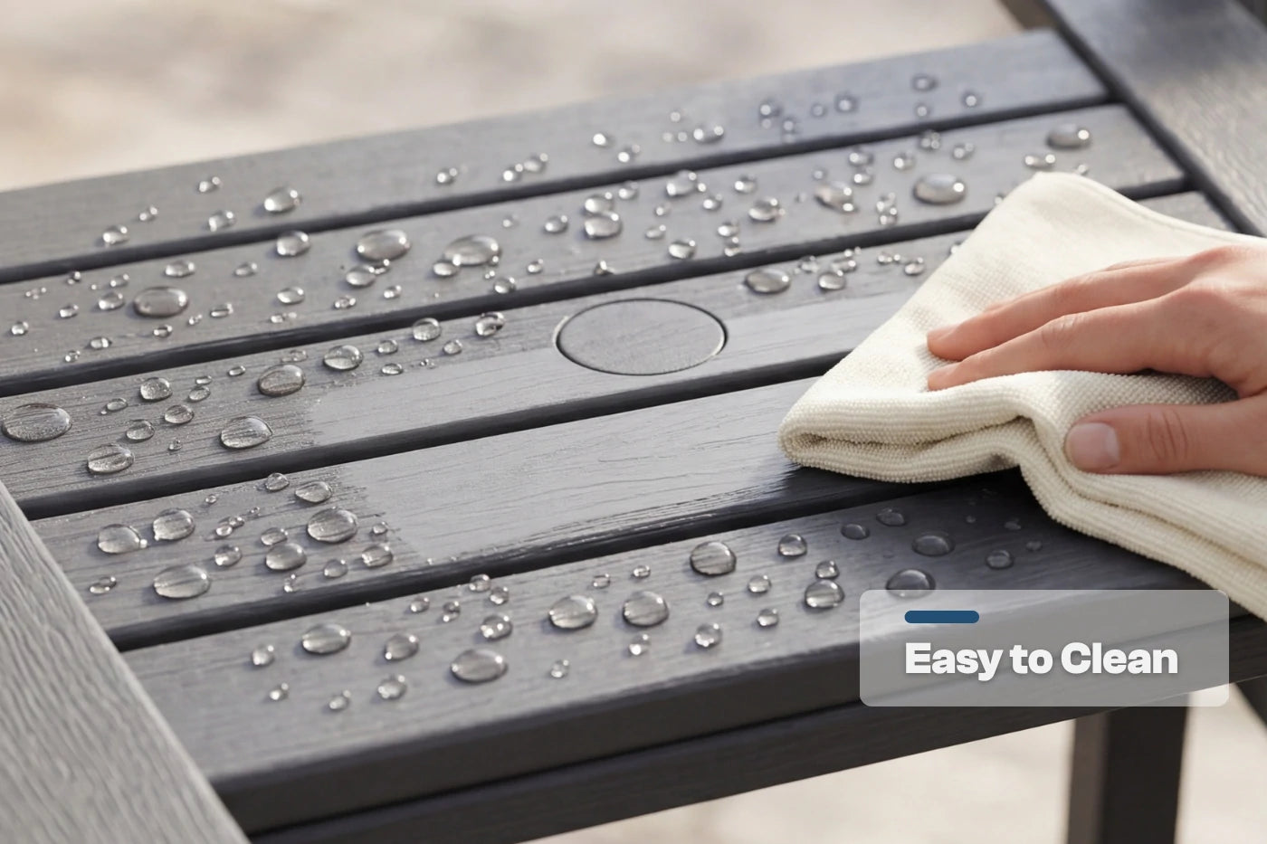 Person cleaning a gray outdoor table with water droplets using a white cloth, with 'Easy to Clean' text overlay.