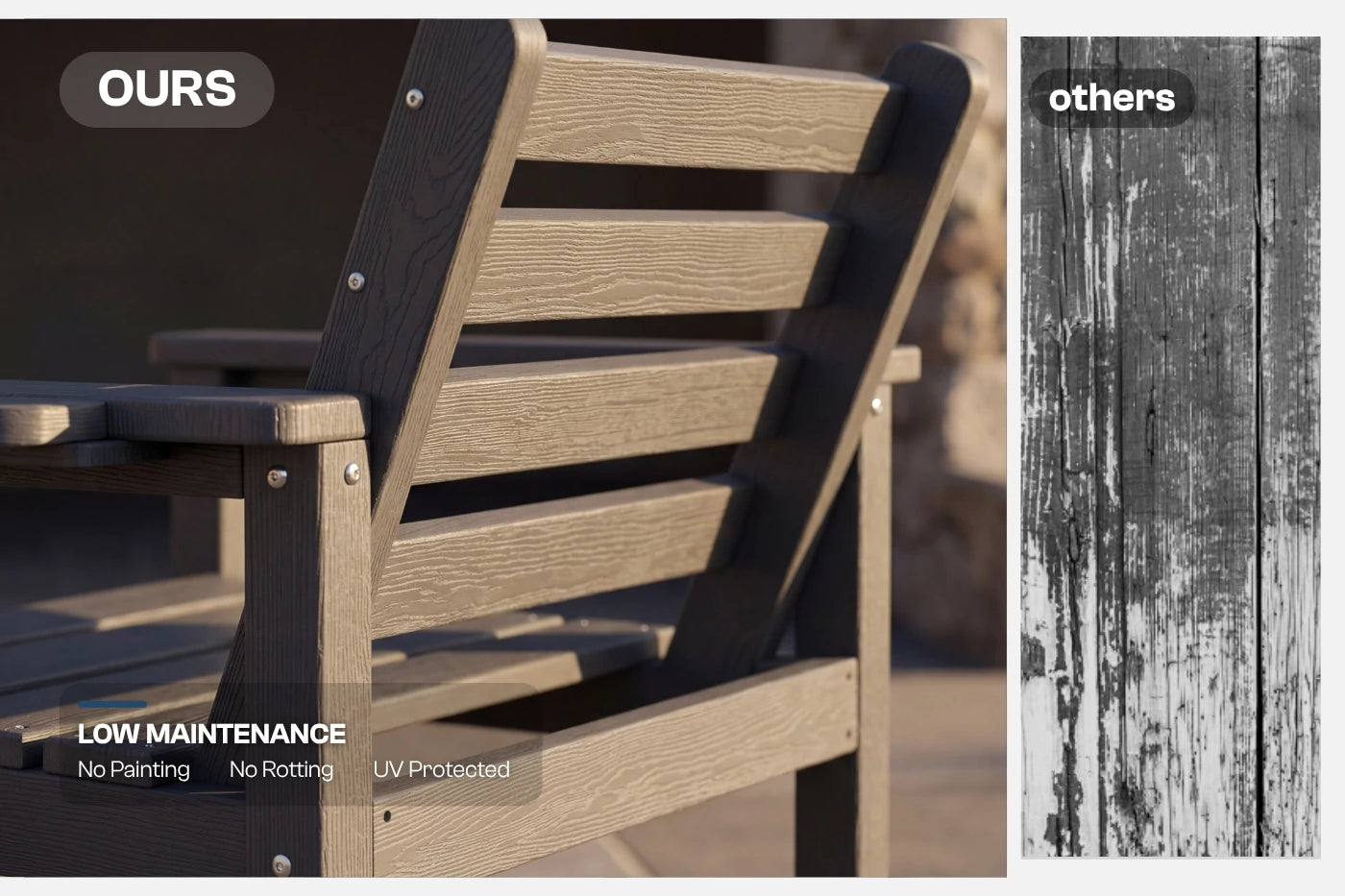 HDPE bench with 'OURS' label on left, showing low maintenance features, and a comparison of 'others' wood quality on the right.
