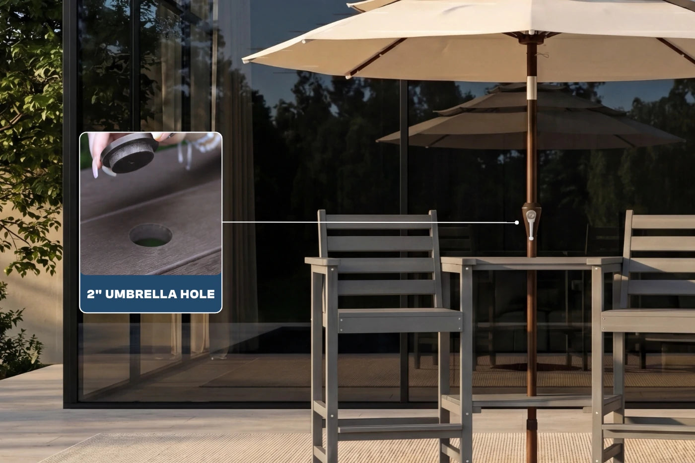 Outdoor patio setting with chairs and an umbrella, highlighting an umbrella hole feature.