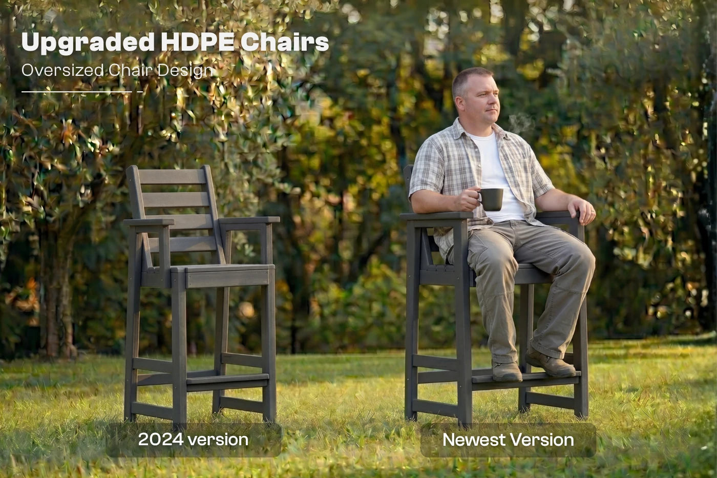 Man sitting on an upgraded HDPE chair in a garden with text indicating it's the newest version.
