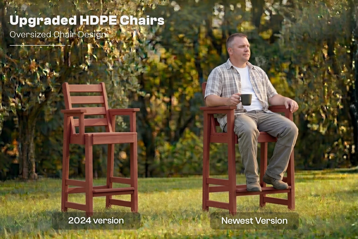 Man sitting on an upgraded HDPE chair outdoors with text indicating it's the newest version.