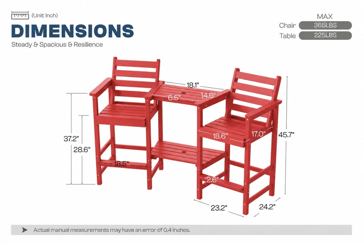 A dimension diagram of a three-piece outdoor patio set consisting of a chair, a table, and a matching barstool in red, with various measurements labeled on a white background.