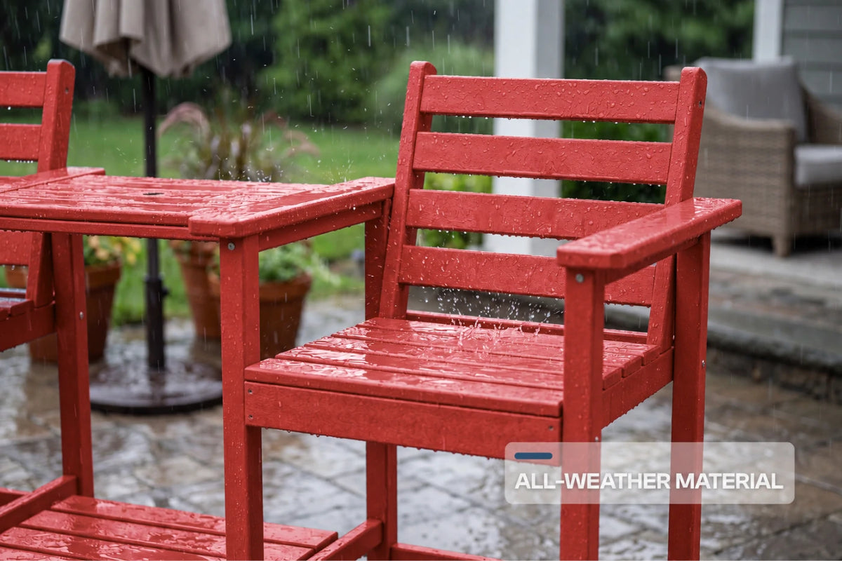 Red outdoor patio chair and matching table shown in the rain on a patio, with a text overlay that reads 'ALL-WEATHER MATERIAL'.