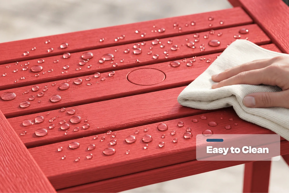 A close-up of a red slatted outdoor chair or table with water droplets on the surface, being wiped with a white cloth by a visible hand. A badge in the lower right reads 'Easy to Clean'.