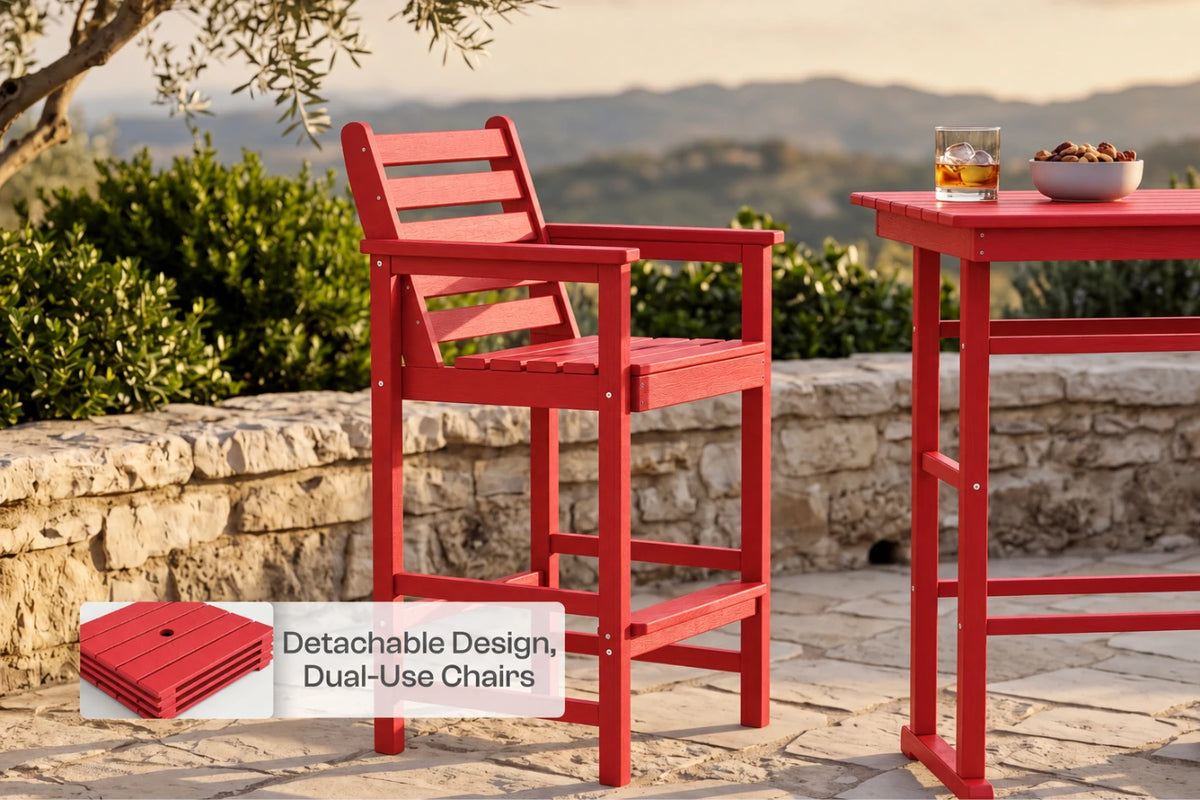 A red outdoor bar-height chair sits beside a matching bar-height table on a stone patio, with a glass of amber drink and a bowl of snacks on the tabletop. A small inset shows a folded chair, and text reads 'Detachable Design, Dual-Use Chairs.