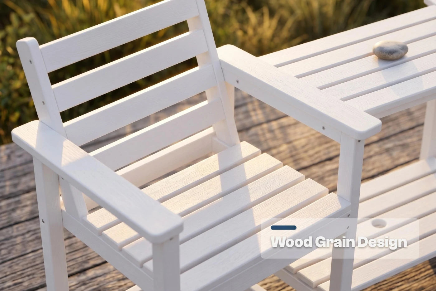 White wooden bench with a table on a wooden deck