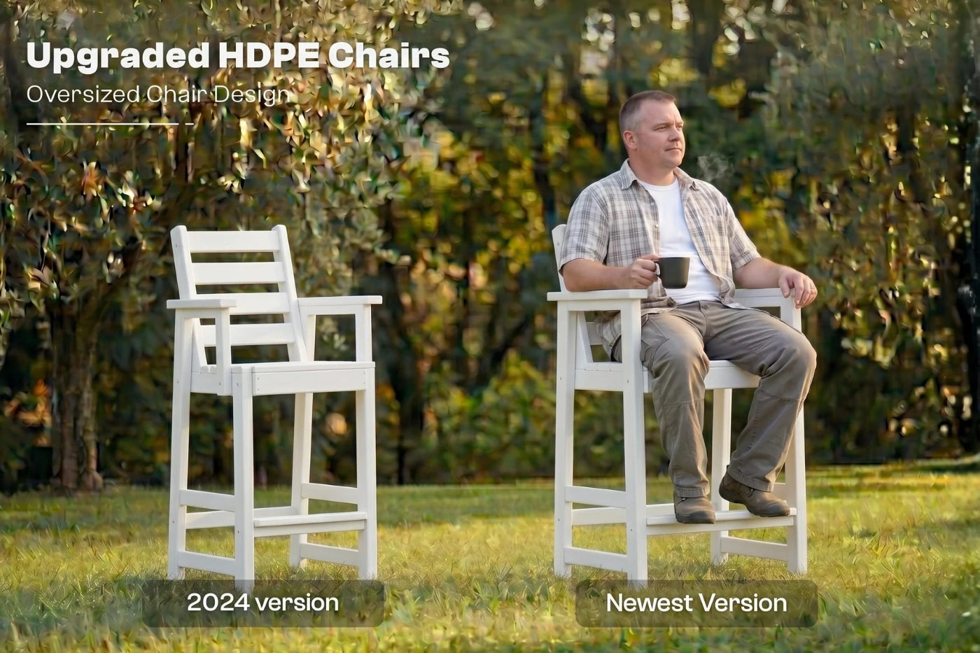 Man sitting on a white HDPE chair outdoors with text indicating it's the newest version.