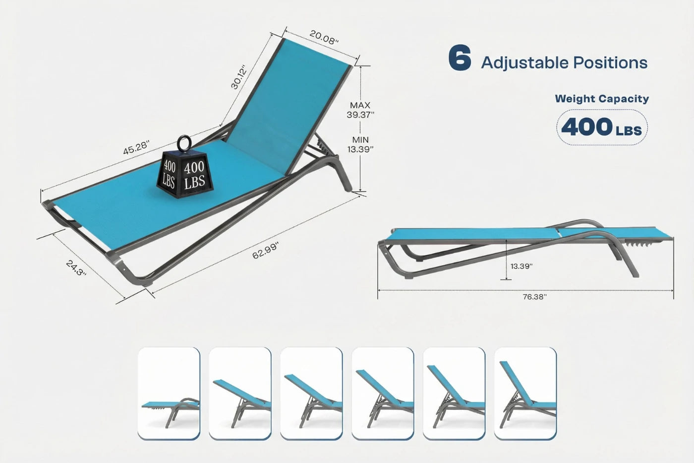 Blue adjustable lounge chair with measurements and weight capacity on a white background