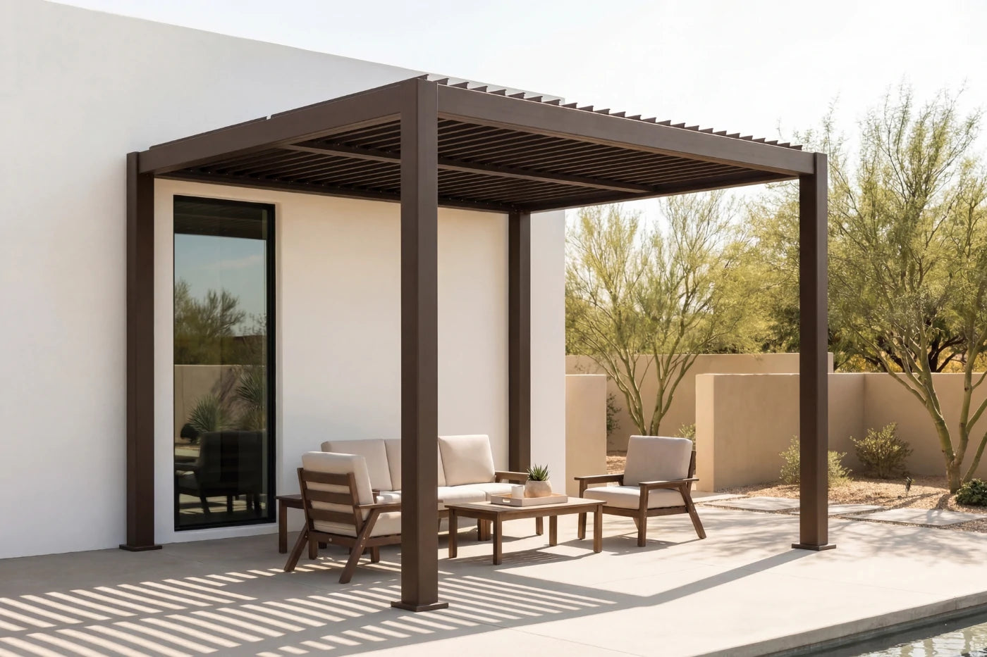 Patio with pergola, outdoor furniture, and desert landscape