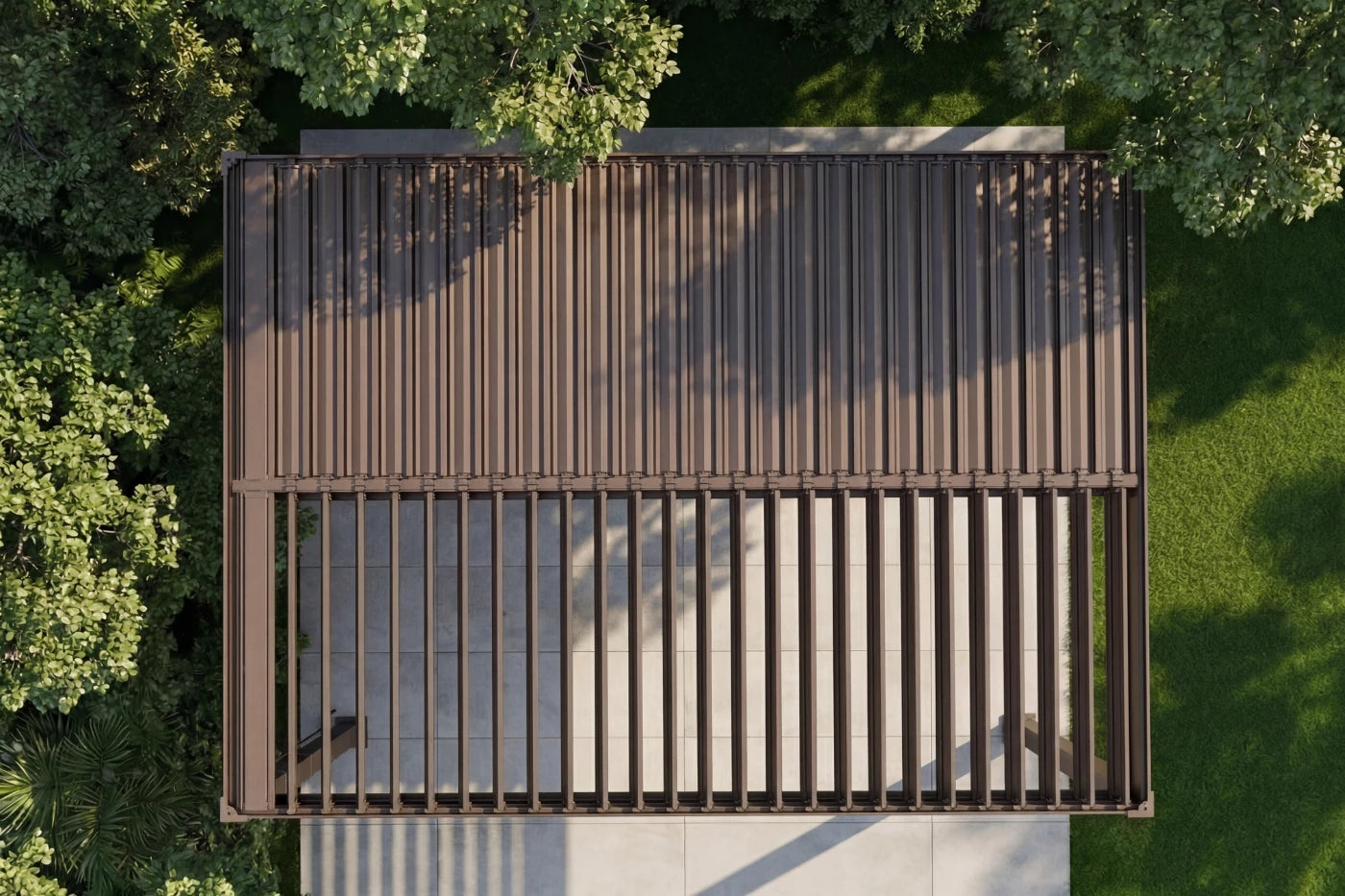 Top-down view of a wooden deck surrounded by greenery