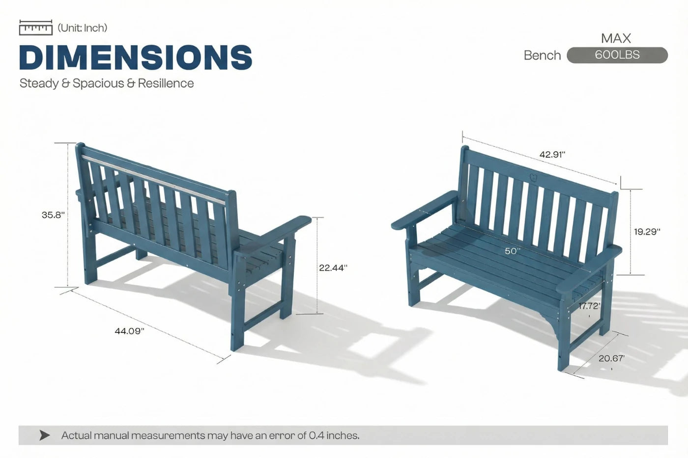 Measurement chart of a blue bench with dimensions on a white background