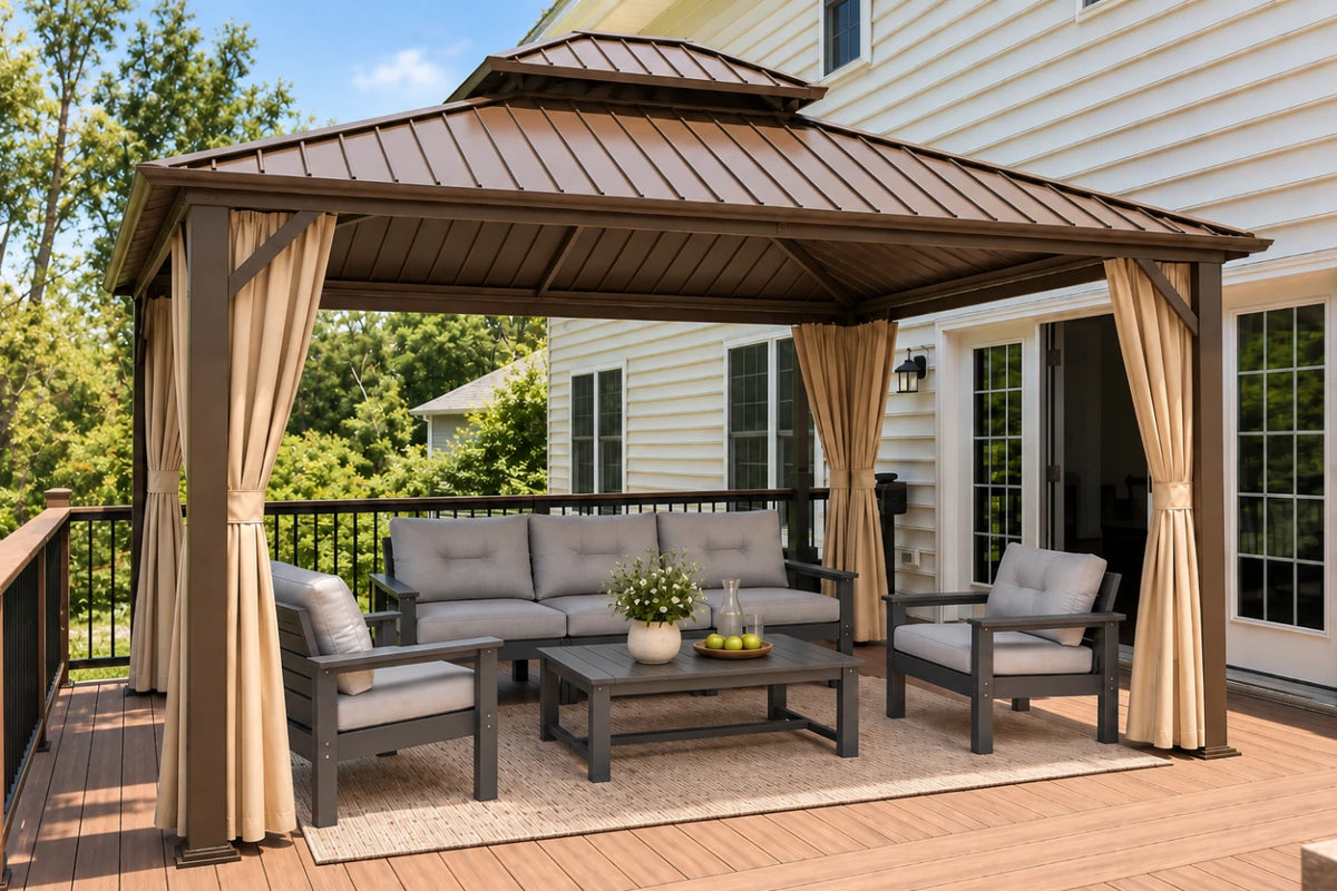 Luxor™ Hardtop Gazebo with Netting and Curtains