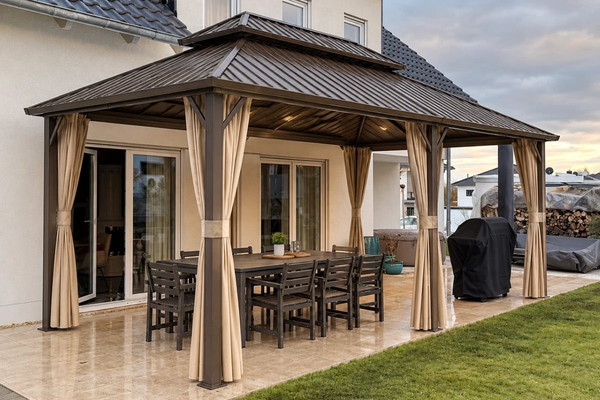 Luxor™ Hardtop Gazebo with Netting and Curtains