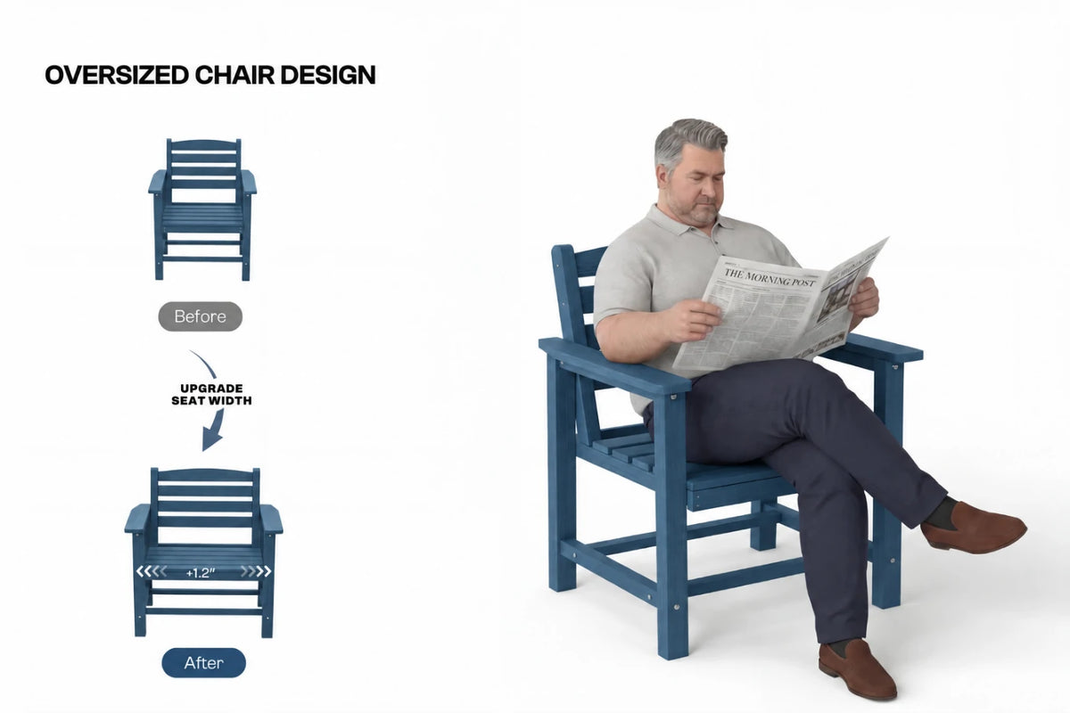 A man sits in a blue oversized armchair reading a newspaper on a white background, with text and small chair diagrams on the left explaining the chair's oversized design and seat-width upgrade.